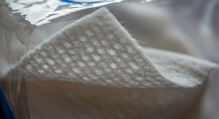 A close up shot of a white textured wipe with a plastic wrapper partially visible on the top left