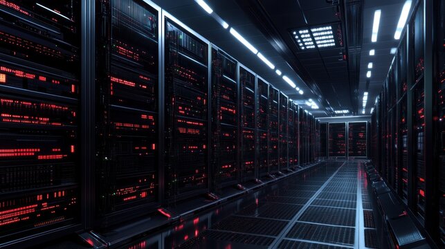 Dark server room interior with red lights network technology concept