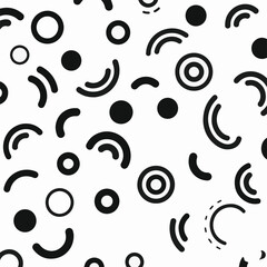 Abstract, geometric pattern featuring black circles, hollow circles, and curved lines on a white background. Minimalist design.