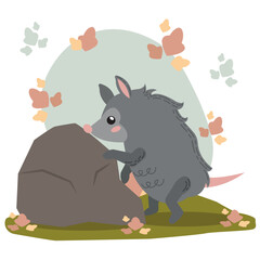 Cute possum near rock. Vector