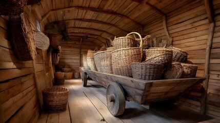 Charm with a Woodland Forager&rsquo;s Cart Displaying Woven Birch Baskets Filled with Fresh Wild Ingredients