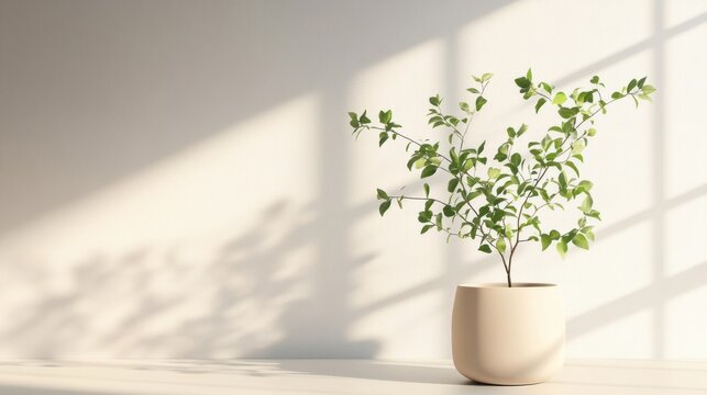 Green plant in beige pot minimalist home decor sunlight shadows white background
