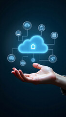 A hand holding the glowing cloud computing concept, with several linked icons representing interconnectedness