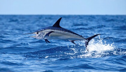 Fototapeta premium Majestic Marlin leaps in the Ocean: An exquisite image showcasing the power and beauty of a marlin as it leaps gracefully from the deep blue ocean, the sunlight dancing on the water.