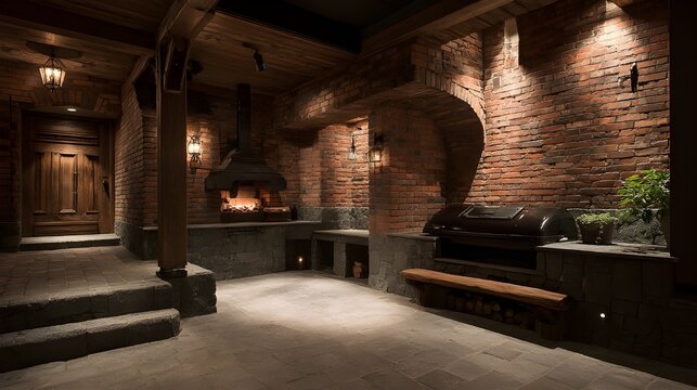 Experience Authentic Flavors in a Smokehouse with Exposed Brick Walls, Clay Flooring, Traditional Smoking Techniques