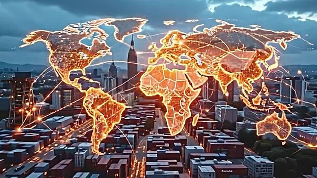symbolic representation of global trade connections, intricate web of lines linking cities and industries, each node pulsating with information, a mix of modern and classic architecture in background