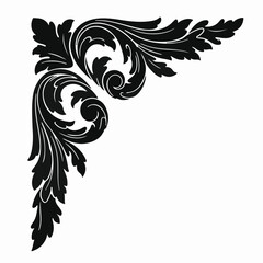 Obraz premium Black, stylized Baroque-style corner design. Floral and swirling motifs form an ornate, classic ornamental embellishment on a white background.
