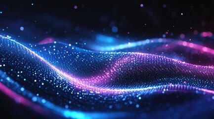 Abstract digital wave of glowing particles.  A mesmerizing display of vibrant blue and magenta dots, forming flowing, undulating waves against a dark background. 