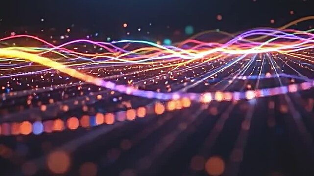 vibrant multicolored strands of light flowing smoothly across an inky black canvas, radiant particles shimmering in a linear array, each one emitting soft luminous effects