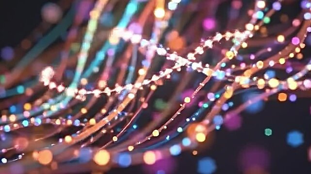 a cascading abstract multicolored string of light against a stark black backdrop, glimmering particles aligned in a rhythmic sequence, luminous halos creating depth, rays of light pulsing in sync