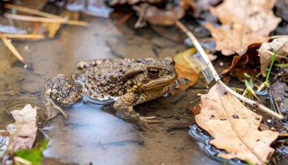 Obraz premium Amphibian in Water: A close-up view of a toad immersed in shallow water surrounded by fallen leaves, revealing the textures and colors of the natural environment.