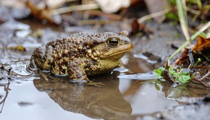 Obraz premium Common Toad in Puddle: A common toad sits serenely in a muddy puddle, its reflection mirrored in the still water. The toad's bumpy skin and watchful eyes are clearly visible.