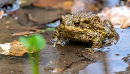 Obraz premium Frog in Pond: A close-up shot of a toad basking in the sun, showcasing its textured skin, blending seamlessly with the water and surrounding natural elements.
