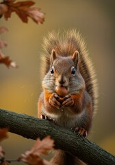 Close-Up of Squirrel Holding Acorn on Tree Branch in Autumn Light