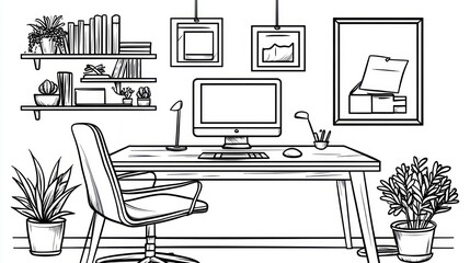 Line drawing of a minimalist home office workspace