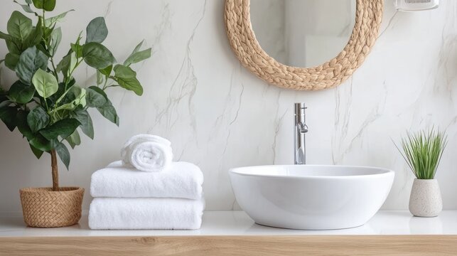 Clean minimalist bathroom interior white sink towels plants