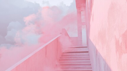 Pastel-toned exterior staircase ascending through a dreamlike space.