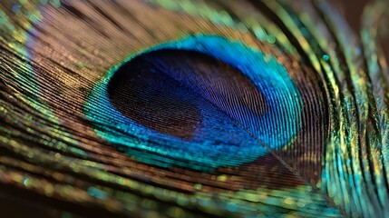 Fototapeta premium Mesmerizing Closeup Reveals Peacock Feather’s Intricate Pattern, Vivid Colors, and Natural Beauty in Stunning Detail