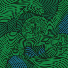 Abstract art featuring swirling, organic forms in shades of green and blue, delineated by black lines. Resembles flowing nature elements.