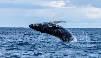 Obraz premium Whale Breaching in Open Waters: A majestic humpback whale erupts from the ocean's surface, showcasing its impressive size and power against the backdrop of a vast sky.