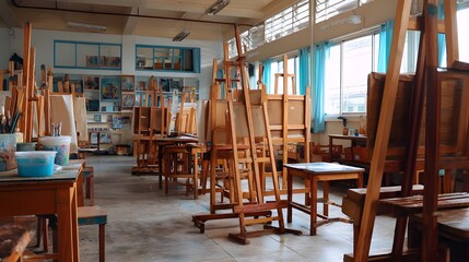 Art room organization with empty easels drying racks storage solutions for efficient creative studio layout