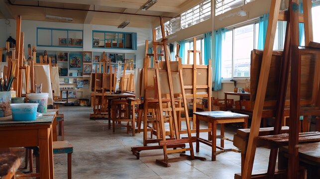 Art room organization with empty easels drying racks storage solutions for efficient creative studio layout