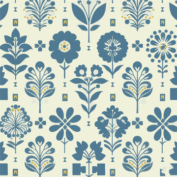 Fototapeta A seamless repeat pattern with stylized blue floral and geometric shapes on a cream-colored background. It evokes a folk art or Scandinavian design aesthetic.