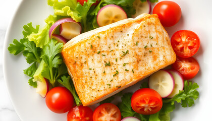 Succulent baked salmon fillet atop a vibrant fresh salad, beautifully plated from above., digital art. with white shades
