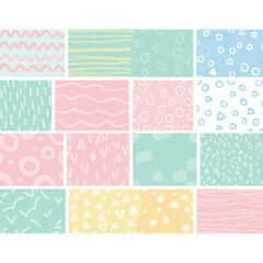 A collage of 16 square tiles. Each tile has a unique pastel-colored pattern with hand-drawn elements: lines, circles, triangles, and waves. Playful and abstract.