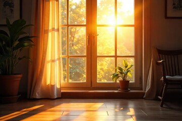 Fototapeta premium Warm sunlight streams through a bright windowpane, illuminating dust motes dancing in the golden rays A cozy and inviting scene perfect for home decor or lifestyle imagery , day, house, peaceful