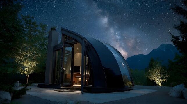 Futuristic jet black cinema pod delivers immersive audiovisual experiences with cutting-edge technology in compact design