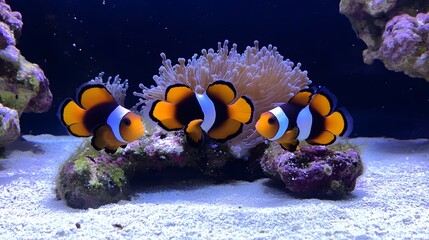 Three Ocellaris Clownfish in Vibrant Reef Aquarium