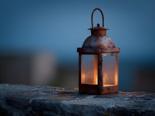 Rustic metal lantern on stone ledge at twilight creating enchanting ambiance for cozy evening gatherings