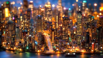 Obraz premium Detailed city model, illuminated at night, showcasing architectural designs.