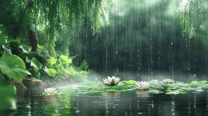Obraz premium Lush, tranquil pond scene under a gentle rain.