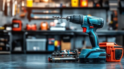 Cordless drill and battery on dark surface in workshop setting