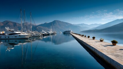 Obraz premium Experience Tranquil Jetty Views In A Calm Bay Surrounded By Elegant Yachts And Seaside Serenity