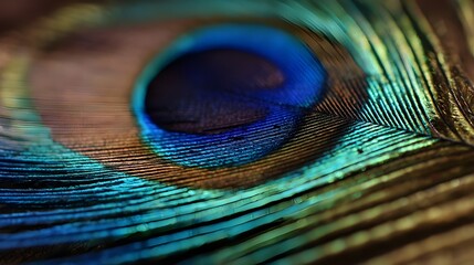 Fototapeta premium Closeup peacock feather macro photograph reveals vibrant iridescent patterns celebrating nature’s artistry and intricate beauty