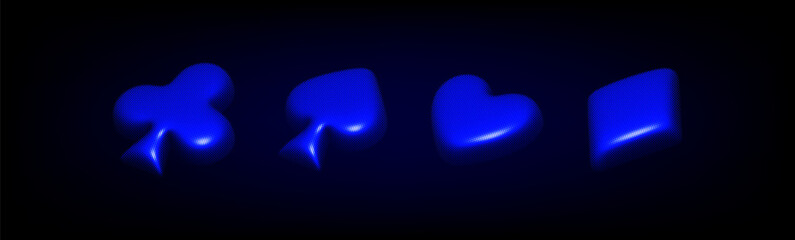Glowing blue Suits of Playing Cards in Blue Neon Light on the black background. Cyber Design in y2k style and 90s . 3D Rendered Card Suits Clubs, Spades, Hearts, and Diamonds in halftone style 