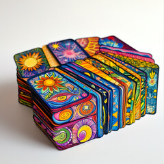 A stack of tarot cards is angled and arranged in a slightly overlapping way with brightly colored cards featuring different images.
