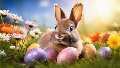 adorable bunny with easter eggs in flowery meadow