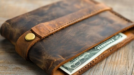Rustic brown leather wallet with bill finance wealth and texture