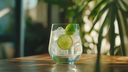 Classic Gin And Tonic Cocktail With Ice Cubes And A Slice Of Lime Served On A Wooden Table