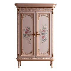 Charming blush rose linen cupboard featuring decorative trim accents merging soft color palette with storage