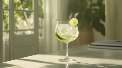Classic Gin And Tonic With Ice Cubes And A Slice Of Lime In A Bright Indoor Setting