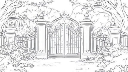 Ornate gate in a lush garden sketch