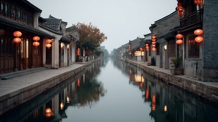 Scenic canal view in a historic chinese town adorned with traditional lanterns