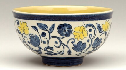 Classic Italian Ceramic Bowl Featuring Vibrant Floral Patterns in Blue and Yellow Color Scheme