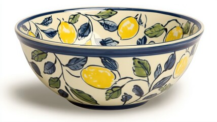 Classic Italian Ceramic Bowl with Vibrant Floral Lemon Pattern and Detailed Leaf Design