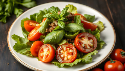Fresh garden salad with crisp leafy greens and juicy tomatoes, professional photography. with white shades